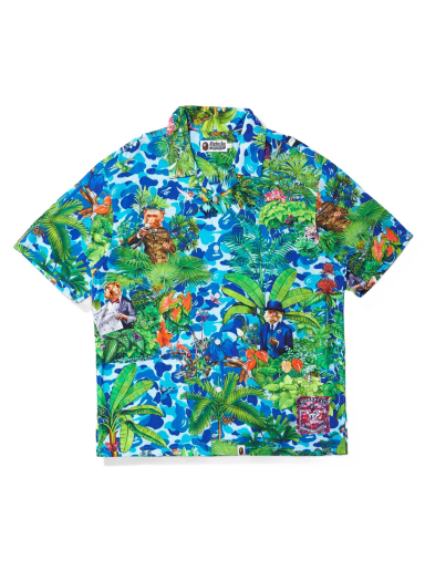Риза BAPE Monkey 47 x Open Collar S/S Shirt Blue Зелено | 1I23-132-901 BLU