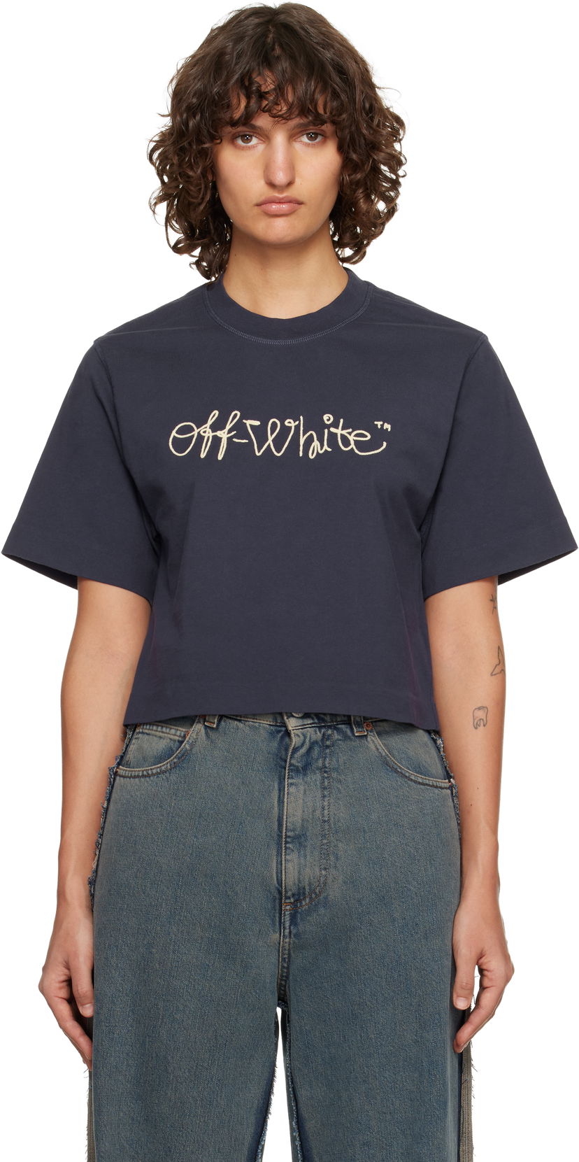 Съкратен топ Off-White Embroidered Script Logo Crop T-shirt Тъмно синьо | OWAA090F25JER0034C19