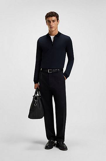 Поло тениска BOSS Mercerised-cotton long-sleeve quarter-zip polo shirt with two-tone structure Черно | 50549583, 1