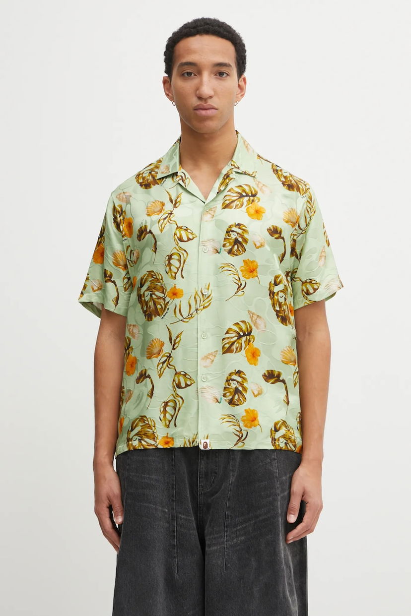 Риза BAPE Relaxed Silk Blend Vacation Pattern Open Collar Shirt Зелено | 1L30132308