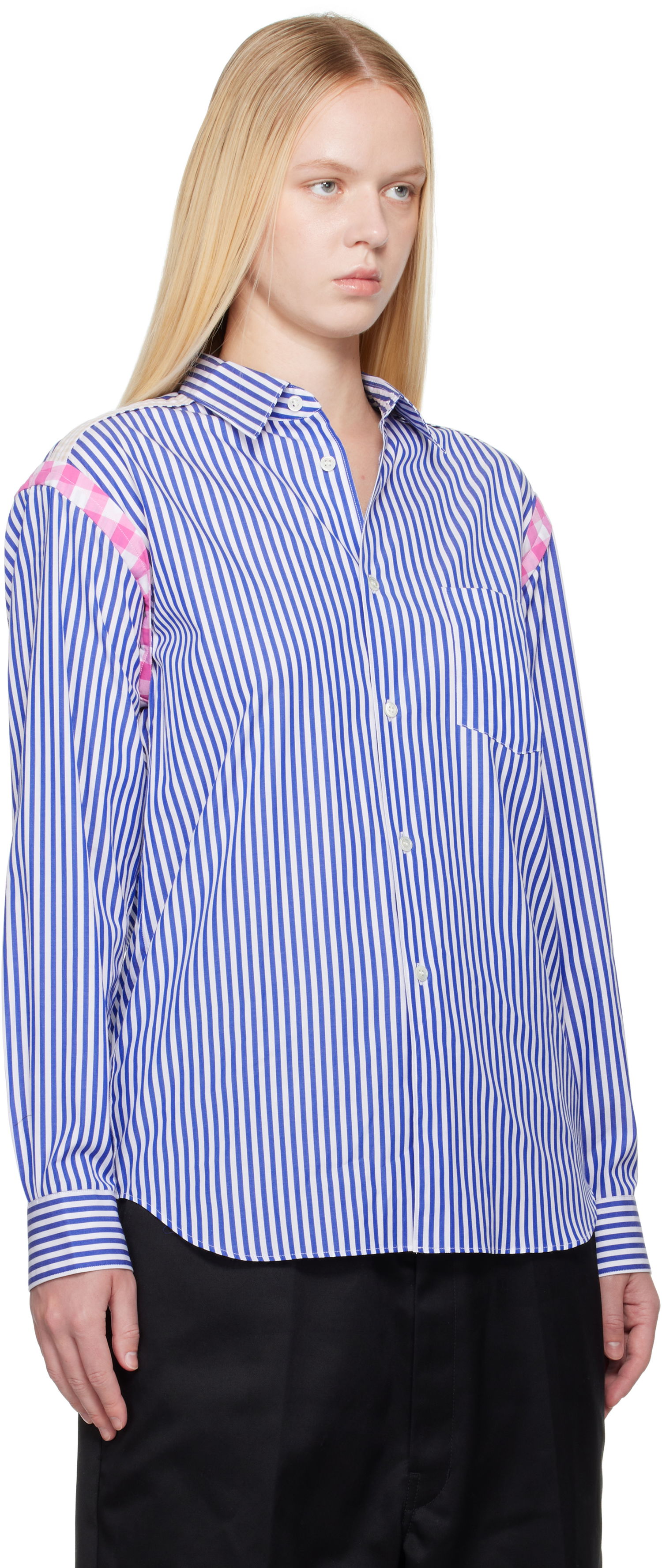 Риза Comme des Garçons Comme des Garçons Striped Gingham Trim Shirt Синьо | FO-B020-S25, 1