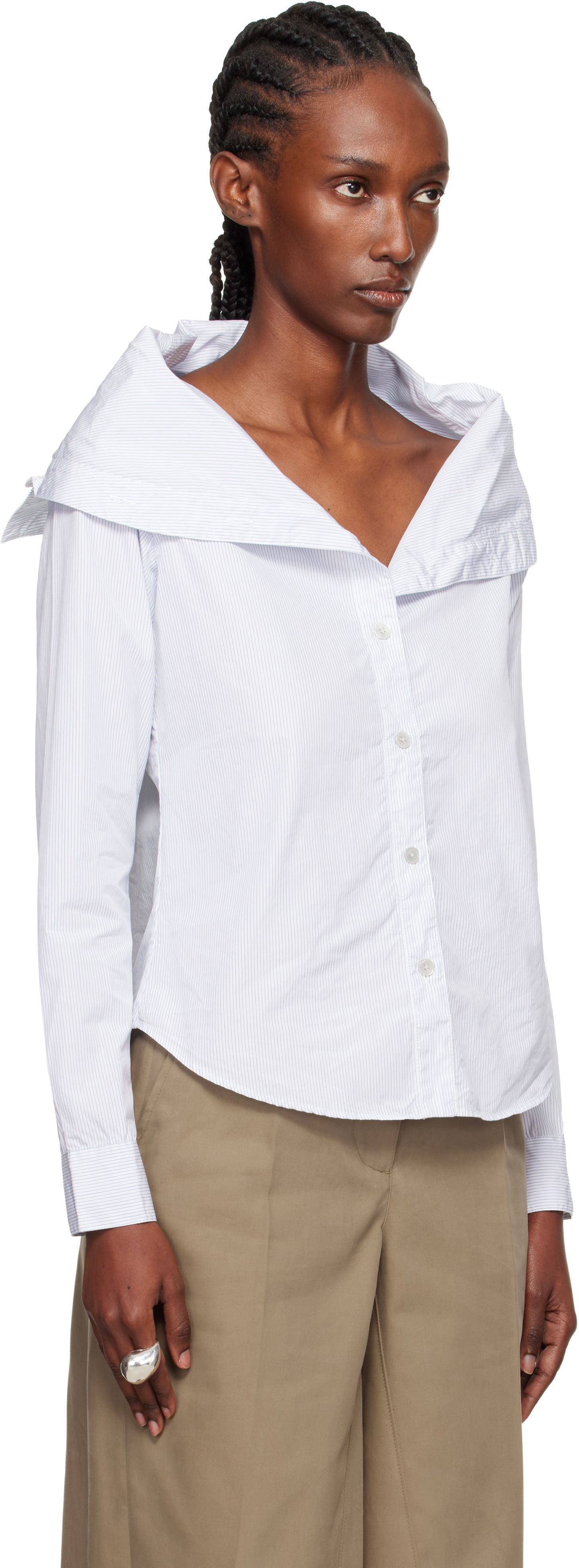 Риза OUR LEGACY Kaonashi Pinstriped Long-Sleeve Off-Shoulder Button-Up Shirt Бяло | W4252KD, 1