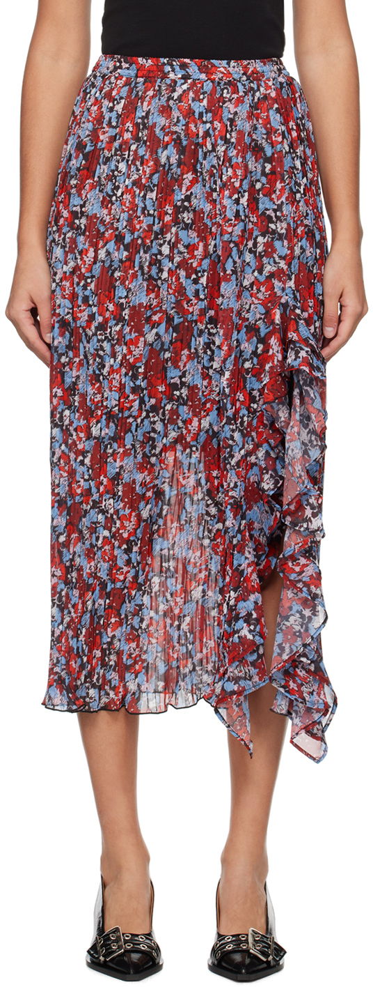 Пола GANNI Asymmetrical Floral Print Pleated Midi Skirt Червено | F9149, 0