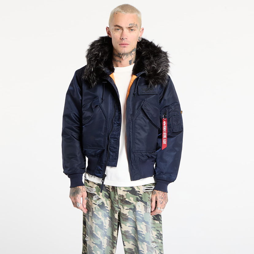 Яке бомбър Alpha Industries Hooded Custom Ultra Bomber Jacket with Faux Fur Trim and Orange Lining Тъмно синьо | 113145-697