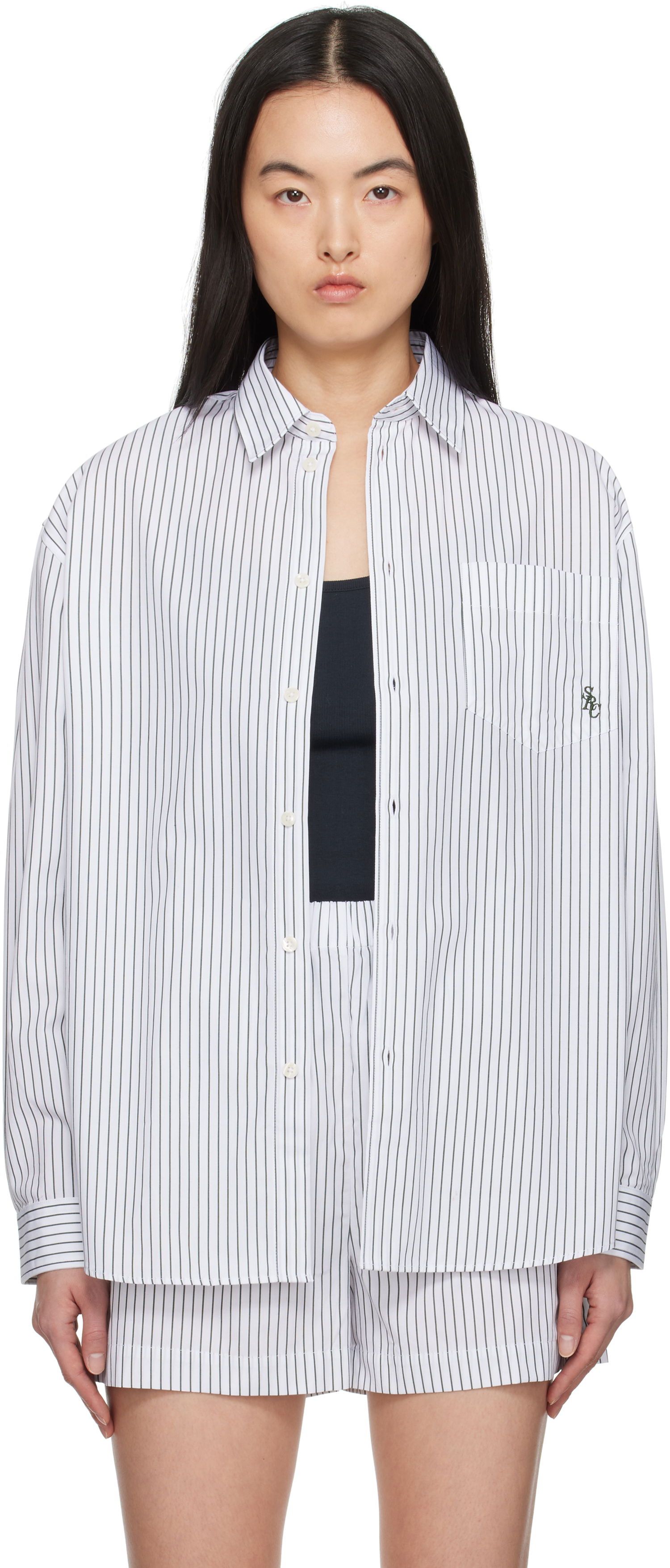 Риза Sporty & Rich Sporty & Rich Oversized Pinstriped Shirt Бяло | SI006606302ST71, 0