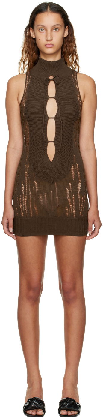 Pокля GUIZIO Guizio Distressed Knit Mini Dress Кафяво | KTD 2, 0