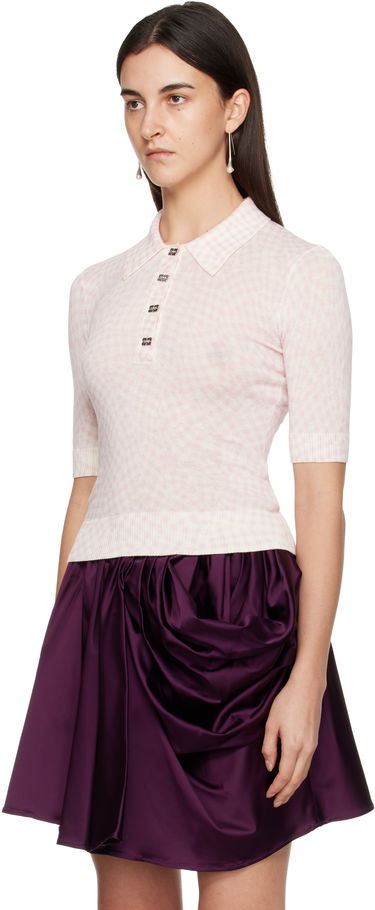 Поло тениска GANNI Sheer Cotton Checkered Knit Polo with Embellished Buttons Розово | K2491, 3