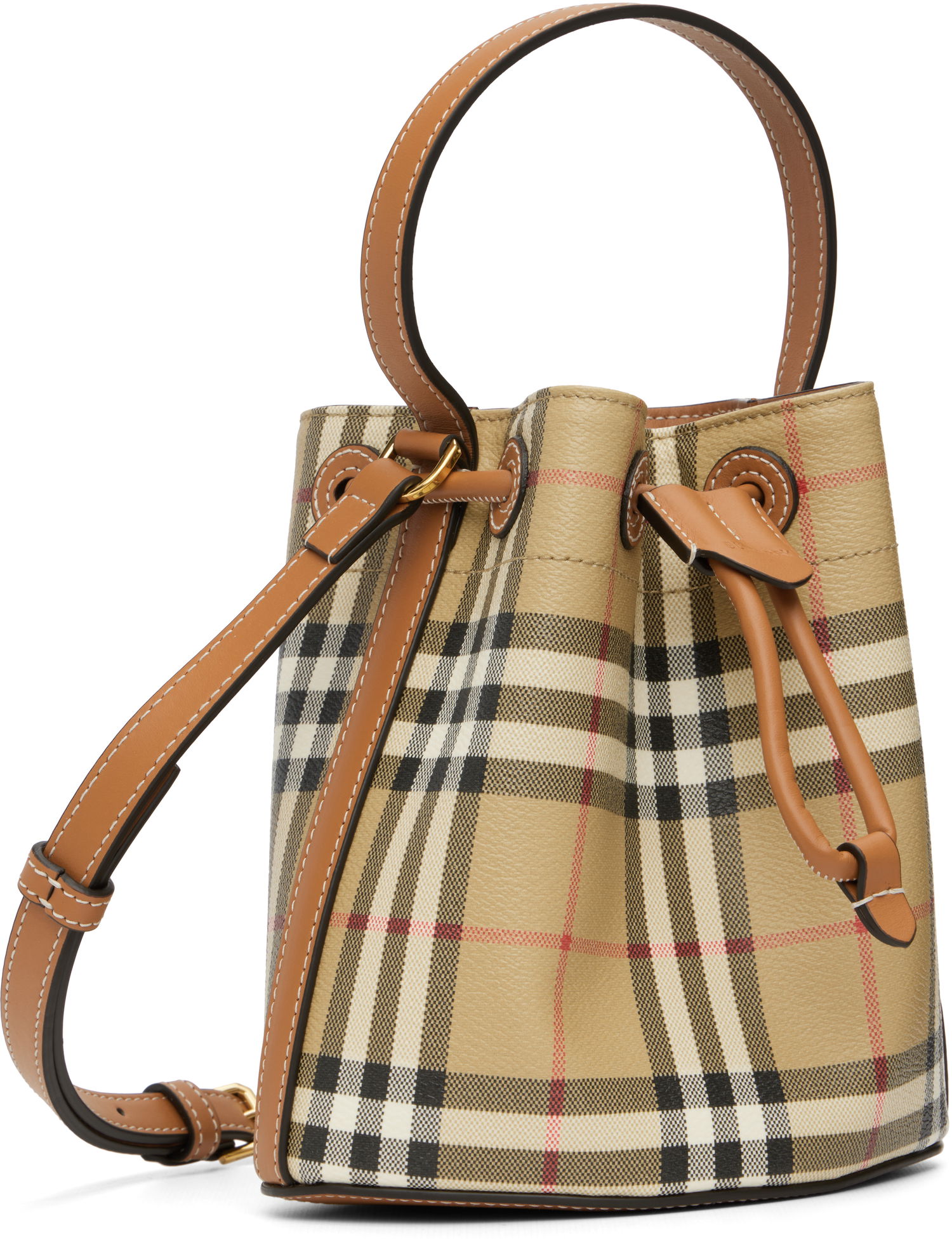 Дамска чанта Burberry Burberry Vintage Check & Leather Drawstring Bucket Bag Бежово | 8109794, 1