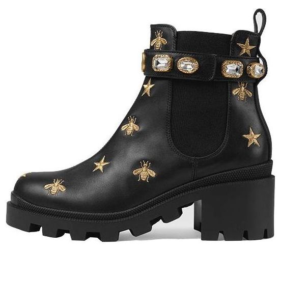Кецове и обувки Gucci Gucci Stars and Bee Embroidered Leather Ankle Boots with Belt Черно | 557735-AYO10-1000, 0
