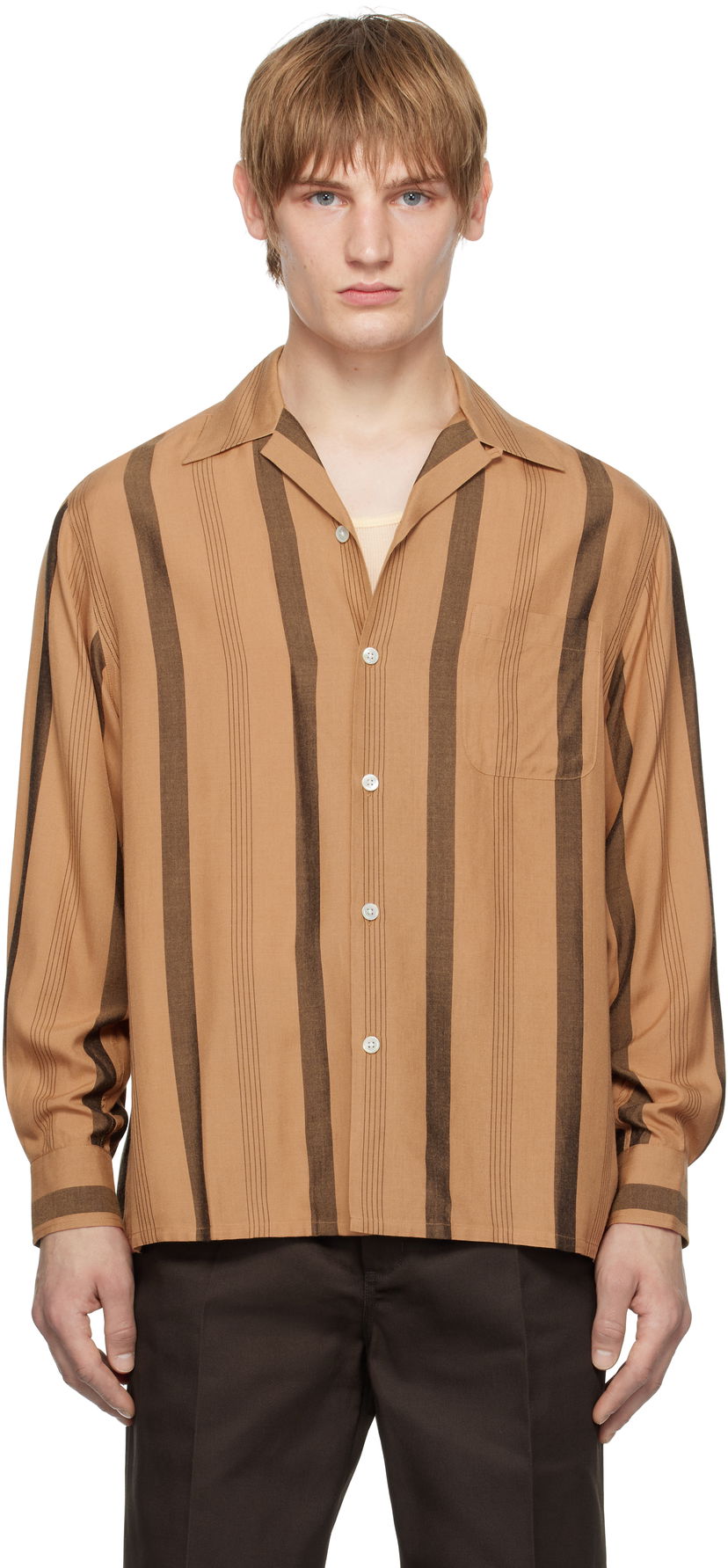 Риза WACKO MARIA Striped Open Collar Shirt Кафяво | 24FW-WMS-OC05