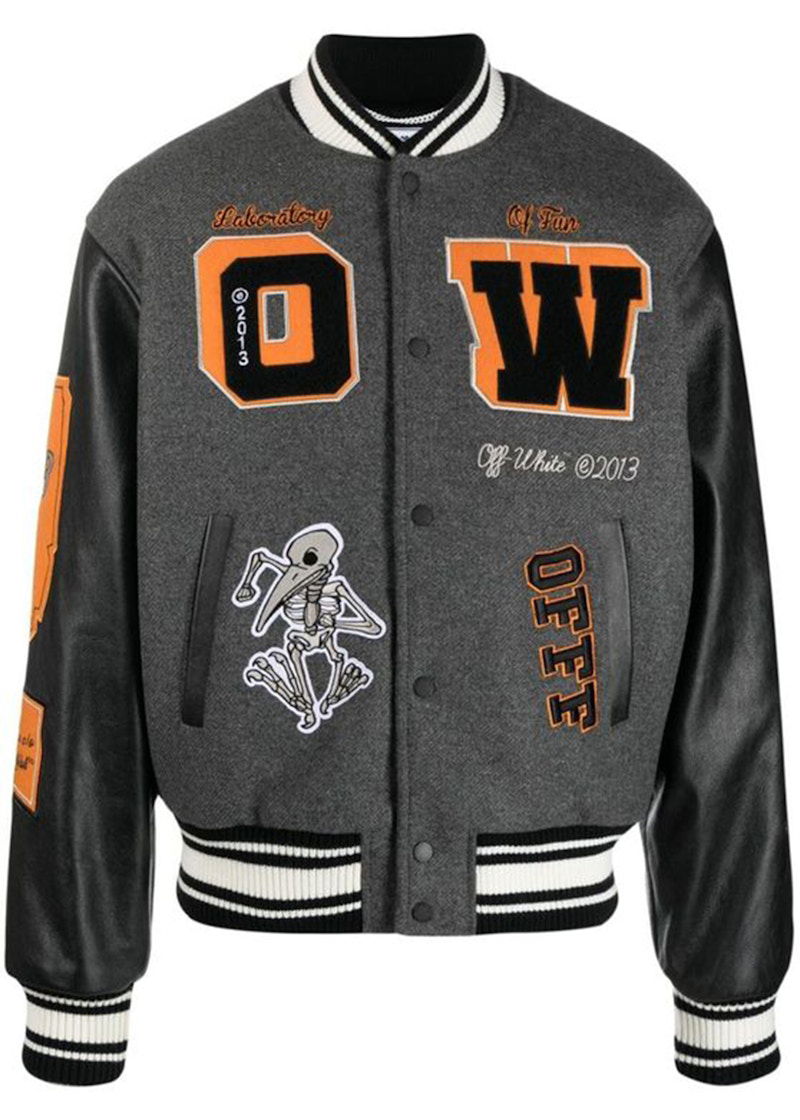 Яке бомбър Off-White Patch Embellished Varsity Bomber Jacket Medium Grey Yellow Black Черно | OMJA059F21LEA0010684, 0