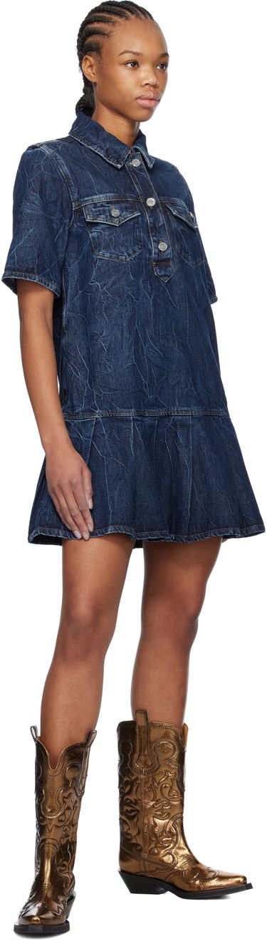 Pокля GANNI Ganni Crinkled Future Denim Mini Dress Синьо | J1594, 3