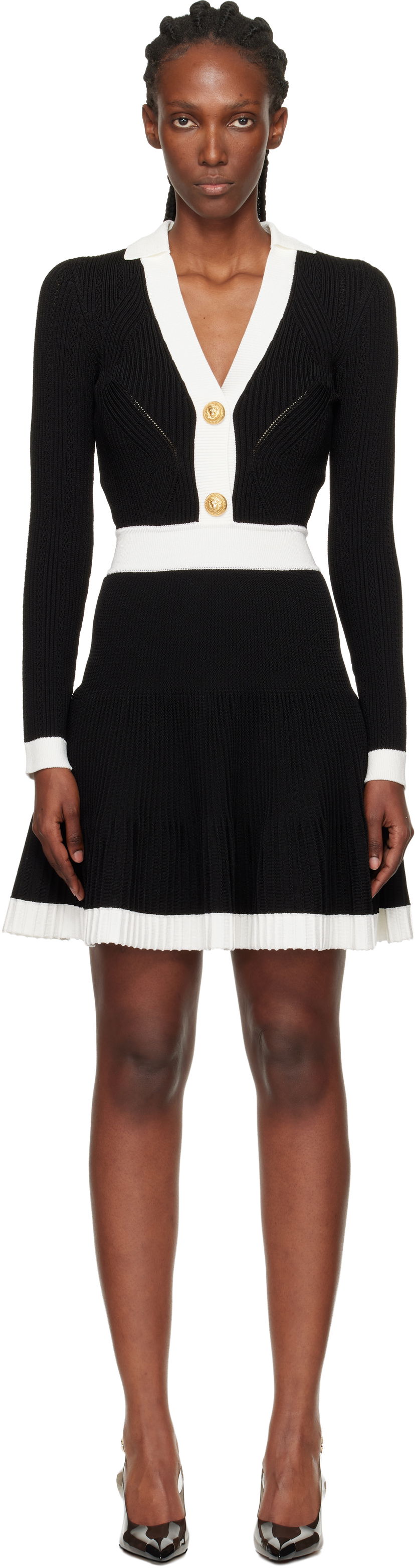 Pокля Balmain Pointelle V-Neck Long-Sleeve Button-Front Pleated Minidress Многоцветен | FF1R9858KI64