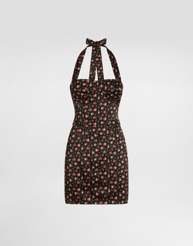 Small Rose-print Short Satin Halter Dress 44