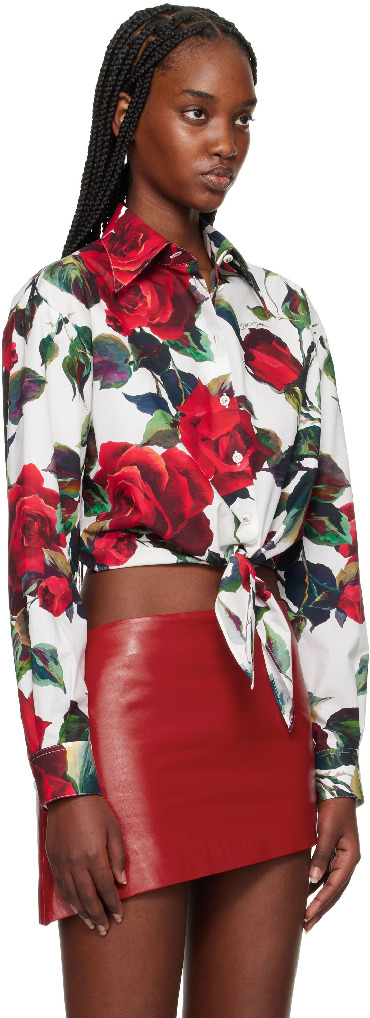 Риза Dolce & Gabbana Dolce&Gabbana Rose Print Tie Front Shirt Бяло | F5S65T HS5S2, 1