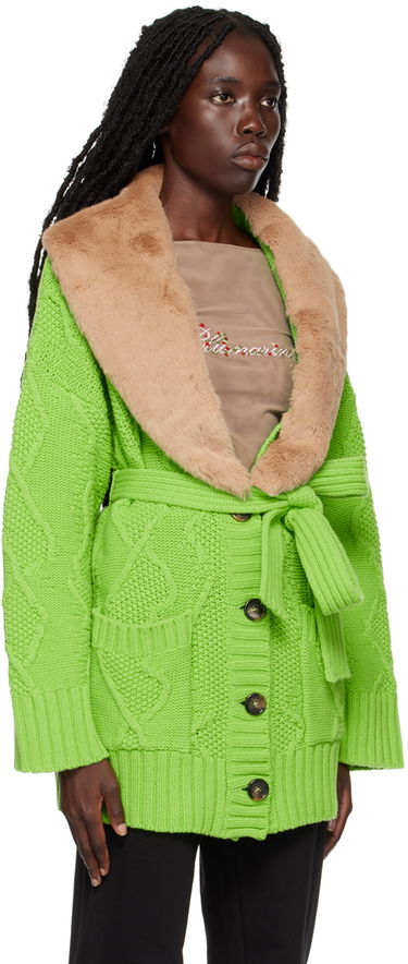 Яке Blumarine Faux Fur Collar Cable Knit Cardigan Зелено | 2 M220A, 1
