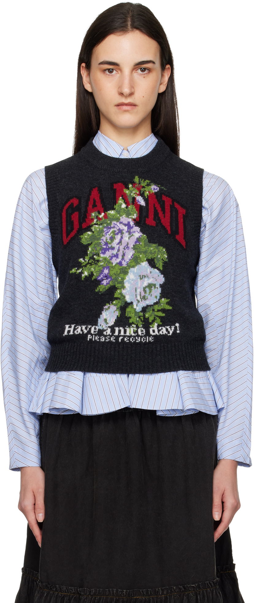 Жилетка GANNI Rose Floral Knit 'Have a nice day!' Wool Vest Сиво | K2596