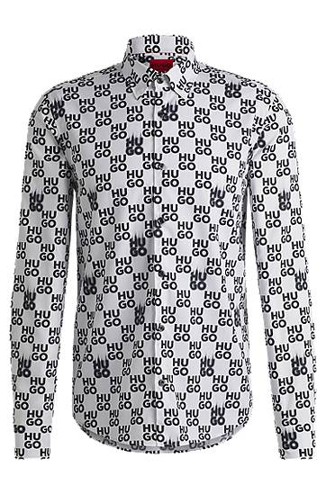 Риза BOSS Slim-Fit Cotton Poplin Shirt with Seasonal Print Бяло | 50534257, 0
