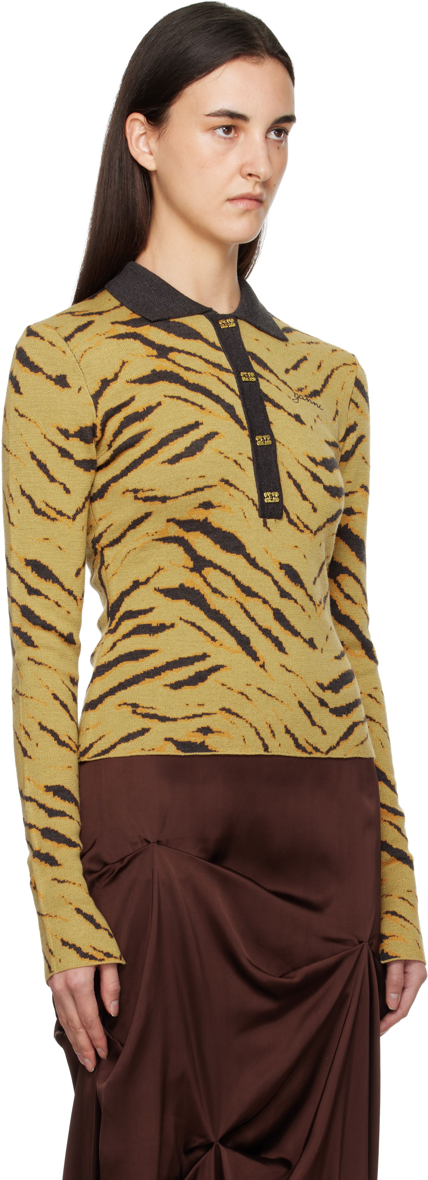 Поло тениска GANNI Fine Merino Jacquard Tiger Print Long Sleeve Polo Многоцветен | K2600, 1