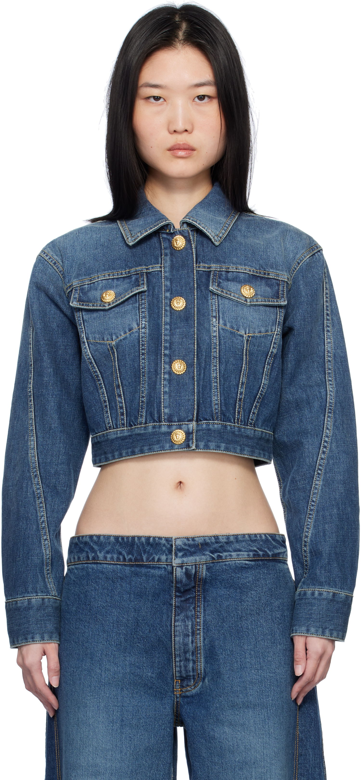 Яке Balmain Cropped Faded Denim Jacket Синьо | EF1TC180DF65, 0
