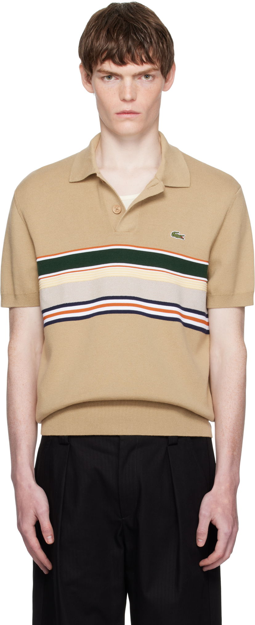 Поло тениска Lacoste Lacoste Striped Collar Polo Бежово | AH5200_9IJ