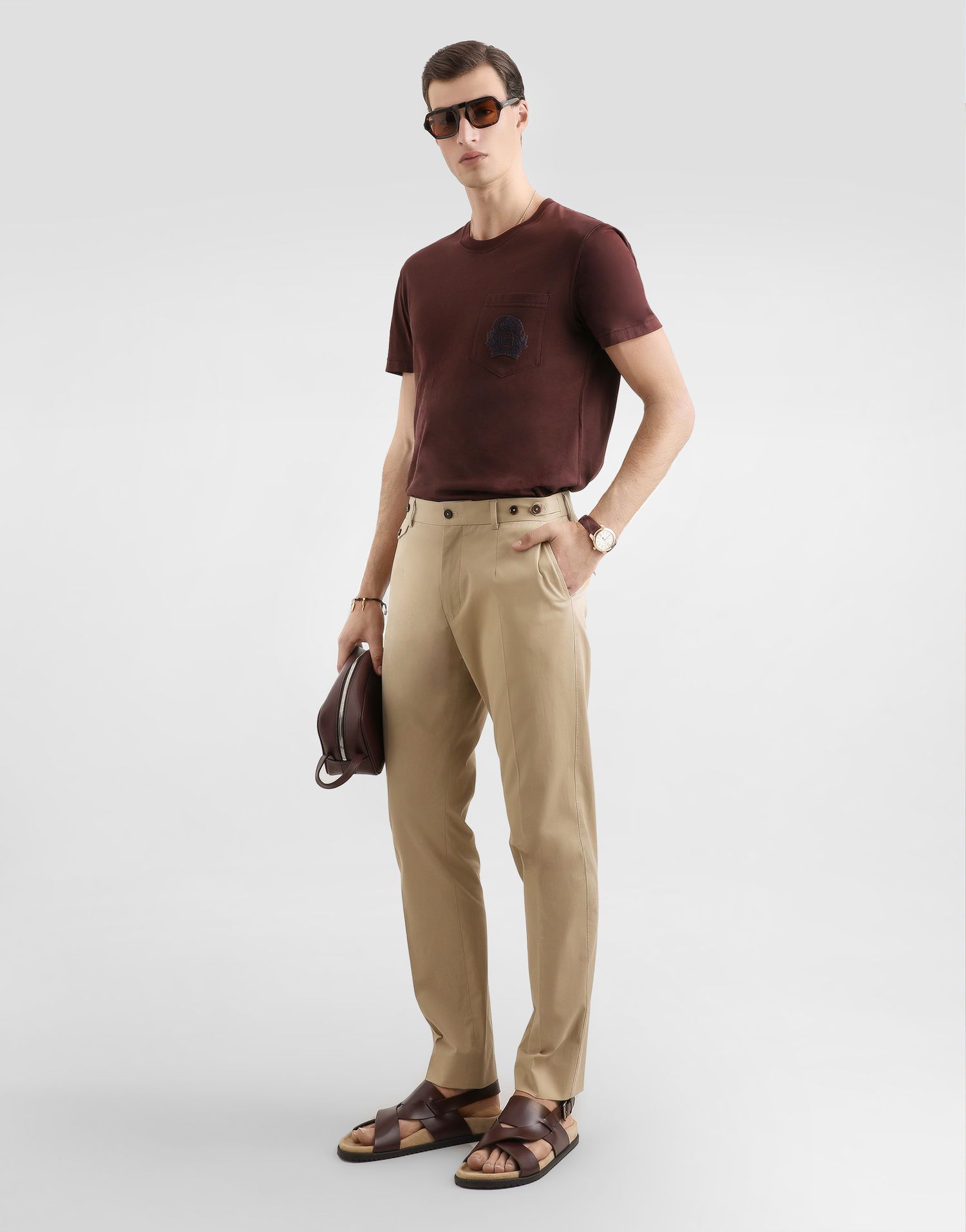 Тениска Dolce & Gabbana Cotton T-shirt with Crest Embroidery and Pocket Кафяво | G8RA2ZG7PZEM5039, 1