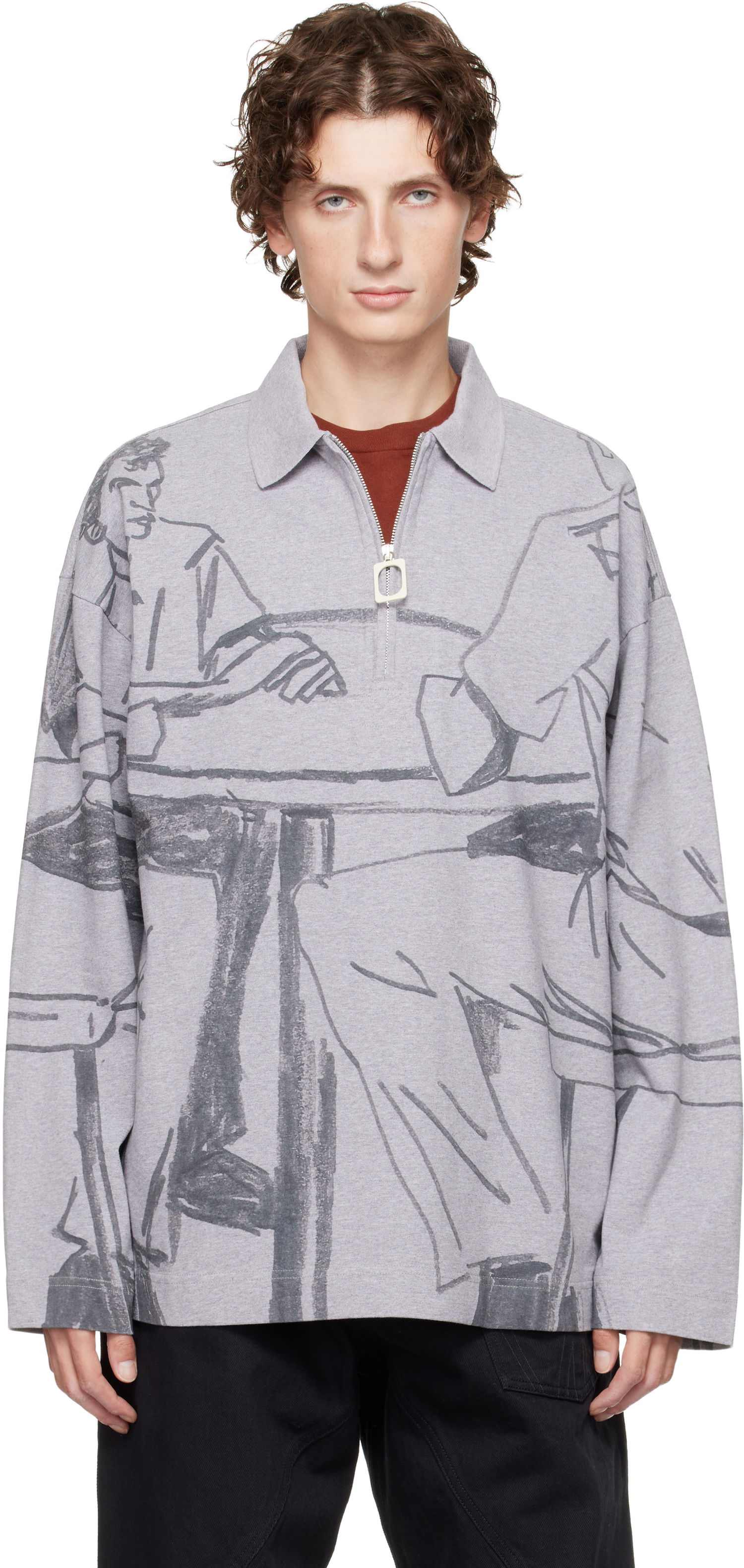 Поло тениска JW Anderson JW Anderson Figure Print Long-Sleeve Quarter-Zip Polo Сиво | JO0274-PG1755, 0