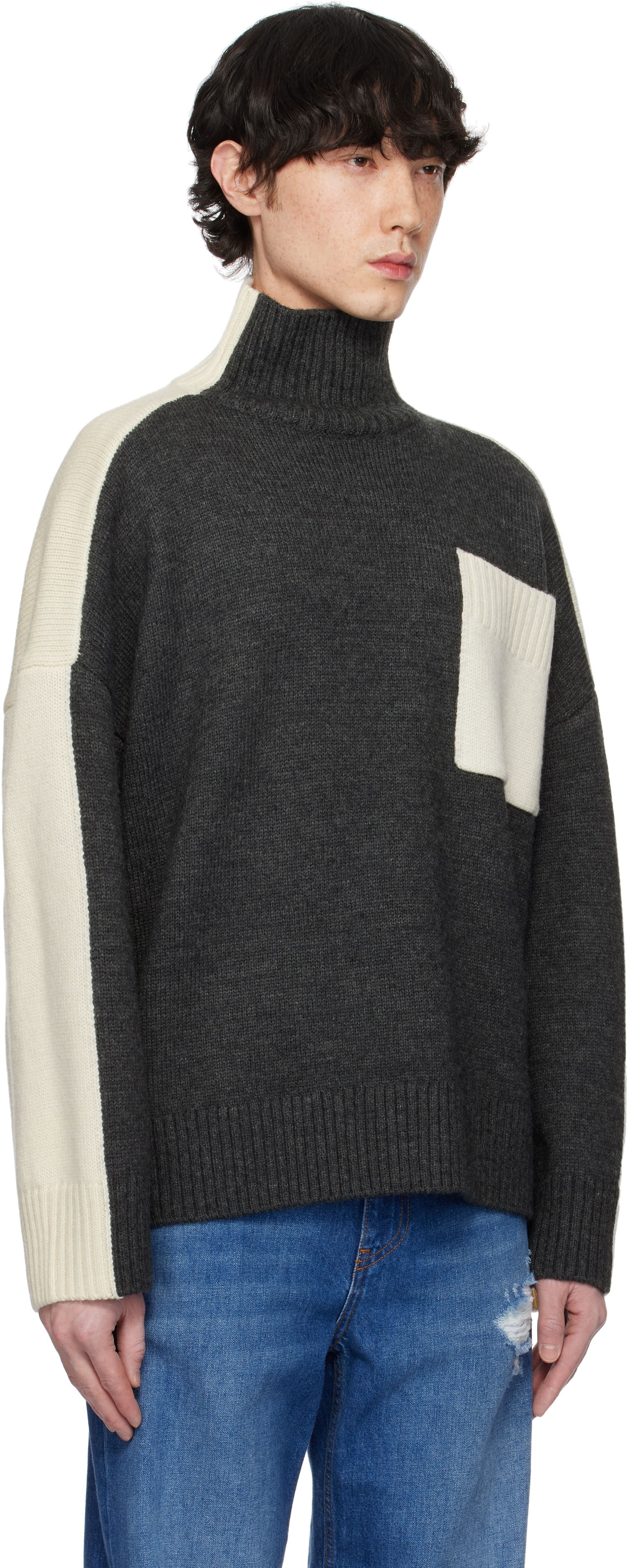 Пуловер JW Anderson JW Anderson Dual Tone Turtleneck with Patch Pocket Сиво | KW1308-YN0367, 1