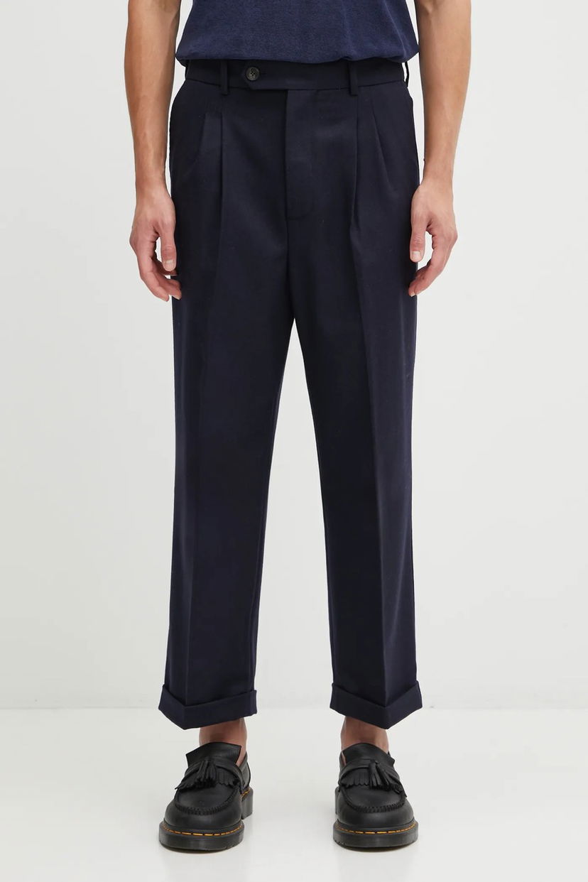 Панталони Drôle de Monsieur Drôle de Monsieur Wool Blend Pleated Cropped Trousers Тъмно синьо | I.BP192.WV008