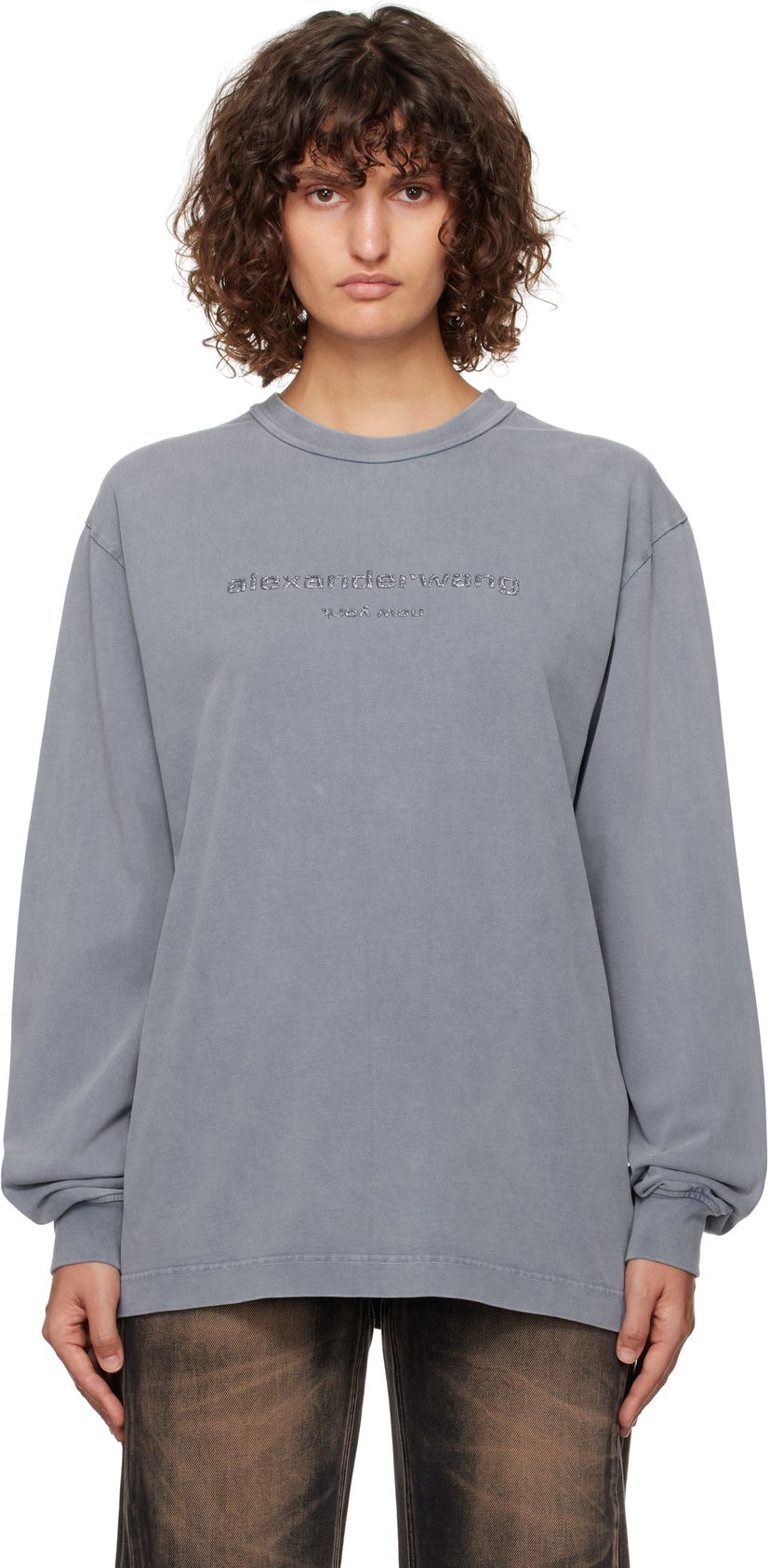 Тениска Alexander Wang Glitter Puff Logo Long-Sleeve Синьо | UCC4241745