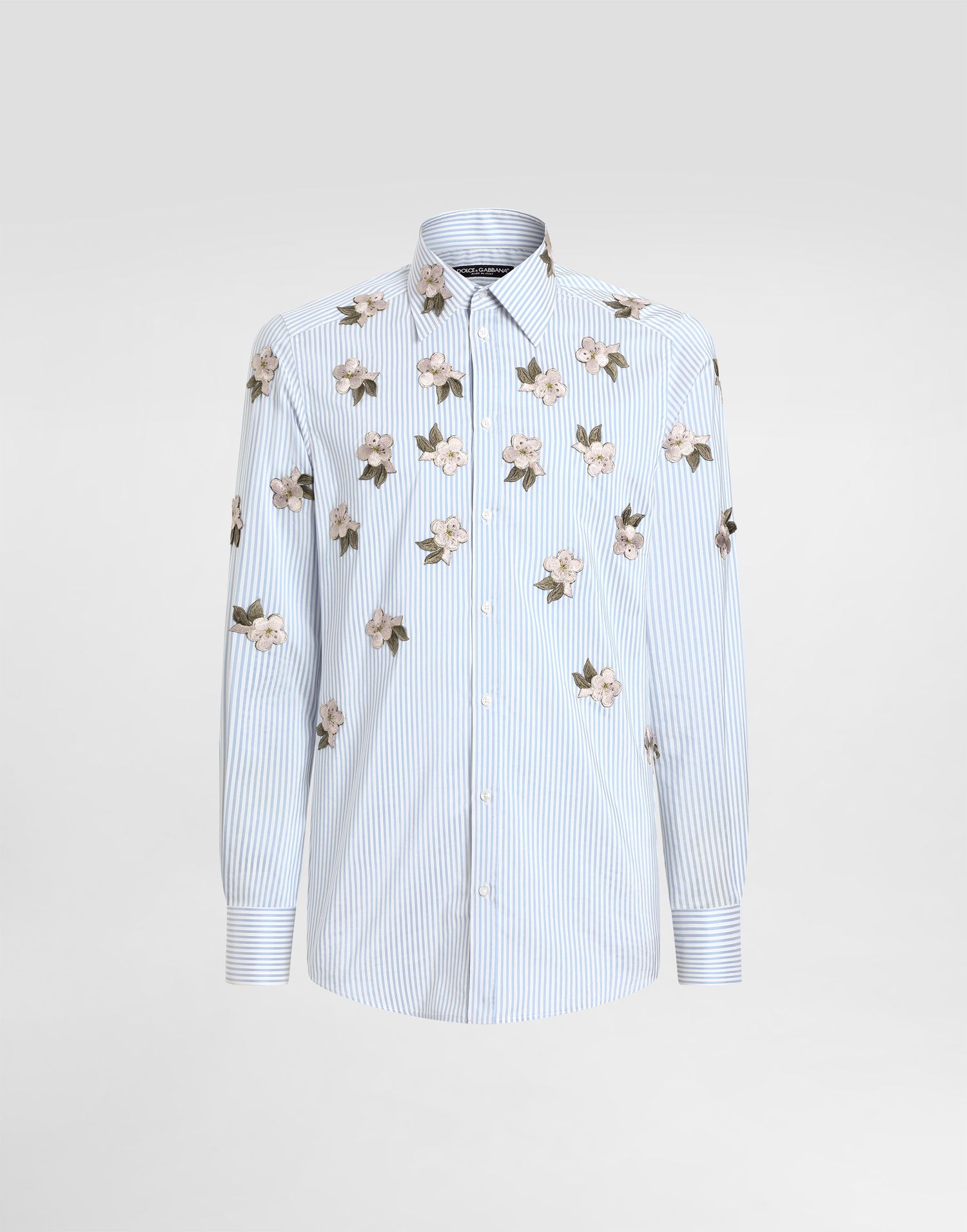 Риза Dolce & Gabbana Dolce & Gabbana Silk and Cotton Striped Shirt with Floral Appliqués Синьо | G5MZ0ZFBTAKS8051, 0