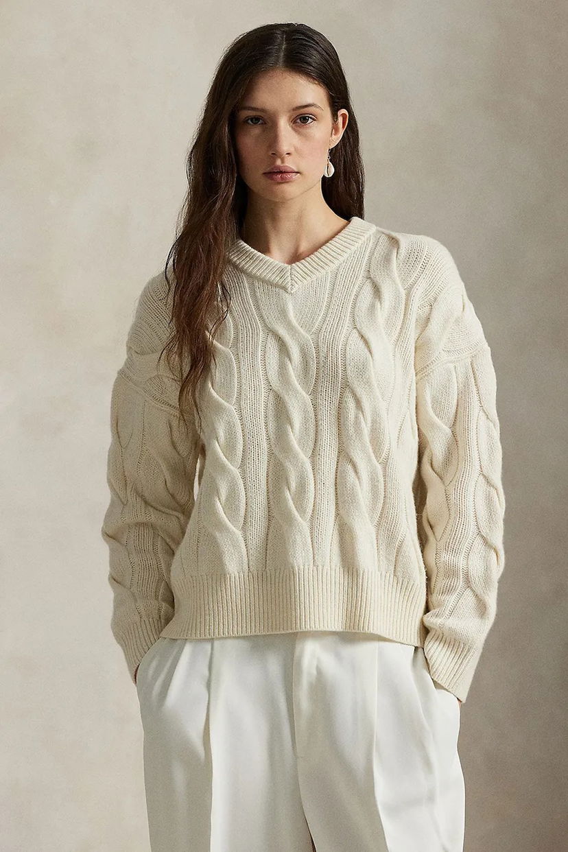 Пуловер Polo by Ralph Lauren Wool Cable-Knit V-Neck Sweater Бяло | 211972127