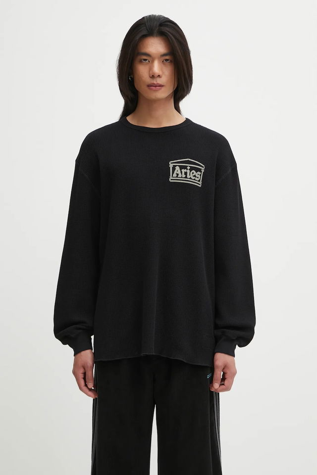 Waffle Knit Graphic Long-Sleeve Top Reversible Temple