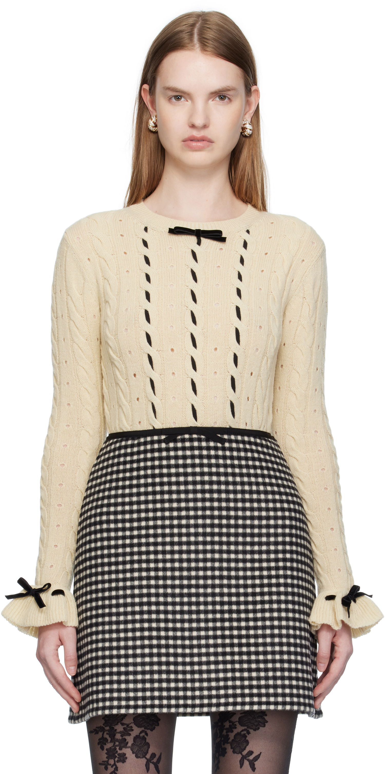 Пуловер Valentino Valentino Virgin Wool Sweater with Bows Бежово | 7B3KC66Z9K9, 0
