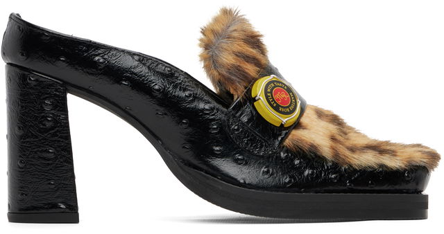 Martine Rose Ostrich-Embossed Faux-Fur Champagne Cap Square Toe Heeled Loafers