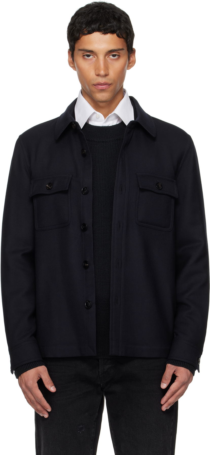 Яке Tom Ford TOM FORD Light Wool Chest Pocket Overshirt Тъмно синьо | OJS016-FMW063