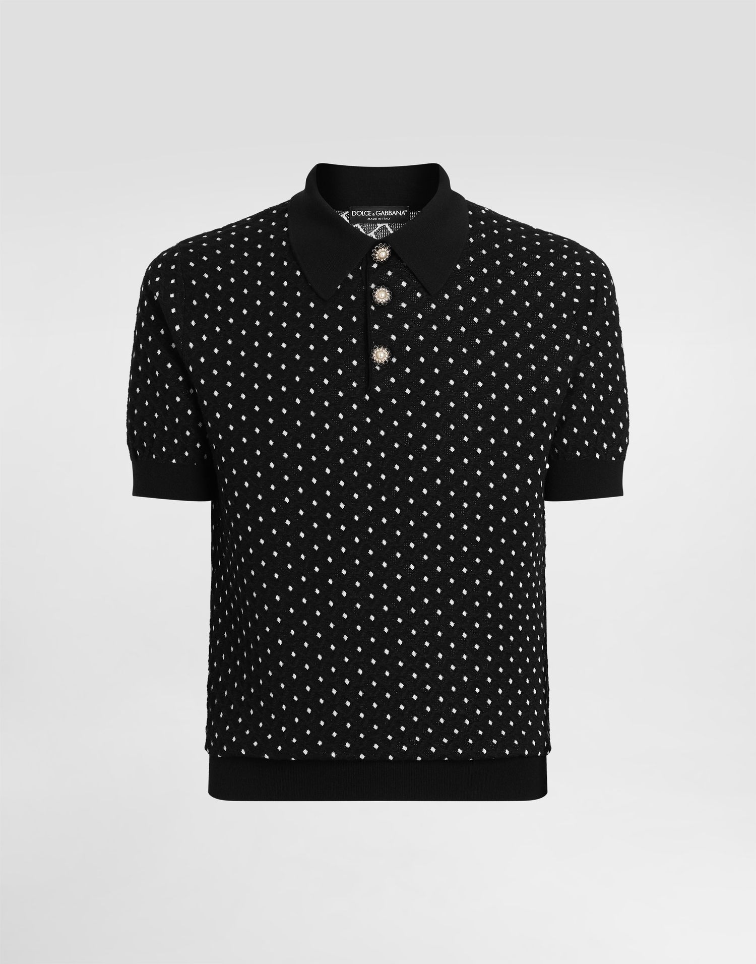 Поло тениска Dolce & Gabbana Micro-dot Stitch Knitted Polo Shirt with Pearl Buttons Черно | GXZ02ZJGMFBN0004, 0