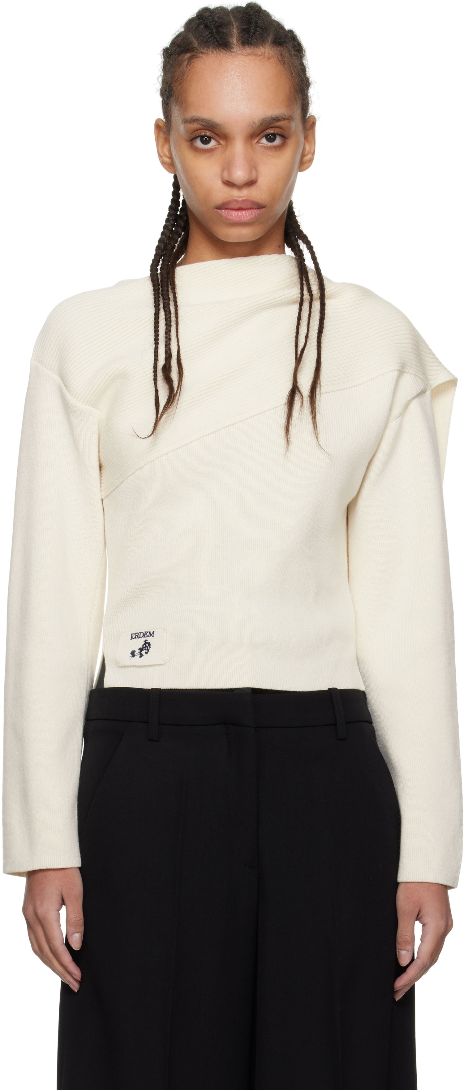 Пуловер Erdem Erdem Drape Detail Ribbed Knit Sweater Бяло | PS25_KT7_WWRK, 0