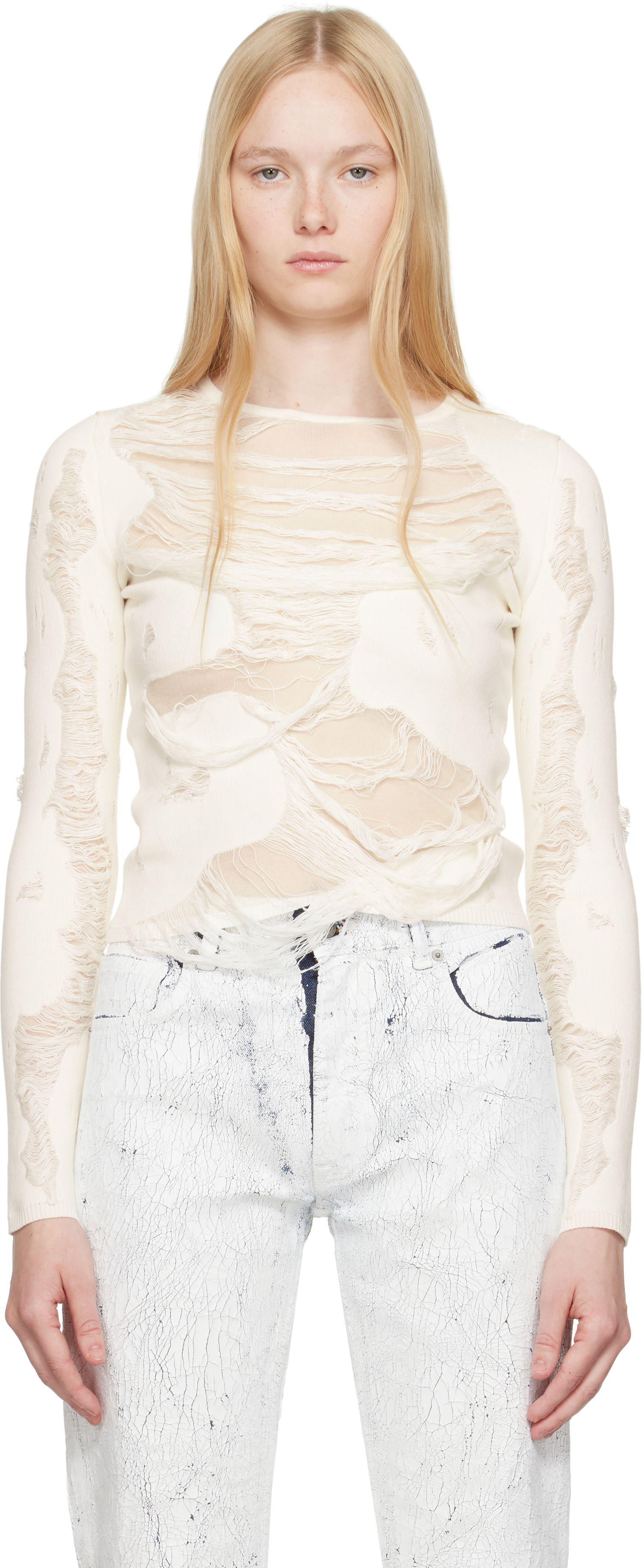 Пуловер Maison Margiela MM6 Maison Margiela Slashed Crewneck Sweater Бяло | S62HL0032 M13121, 0