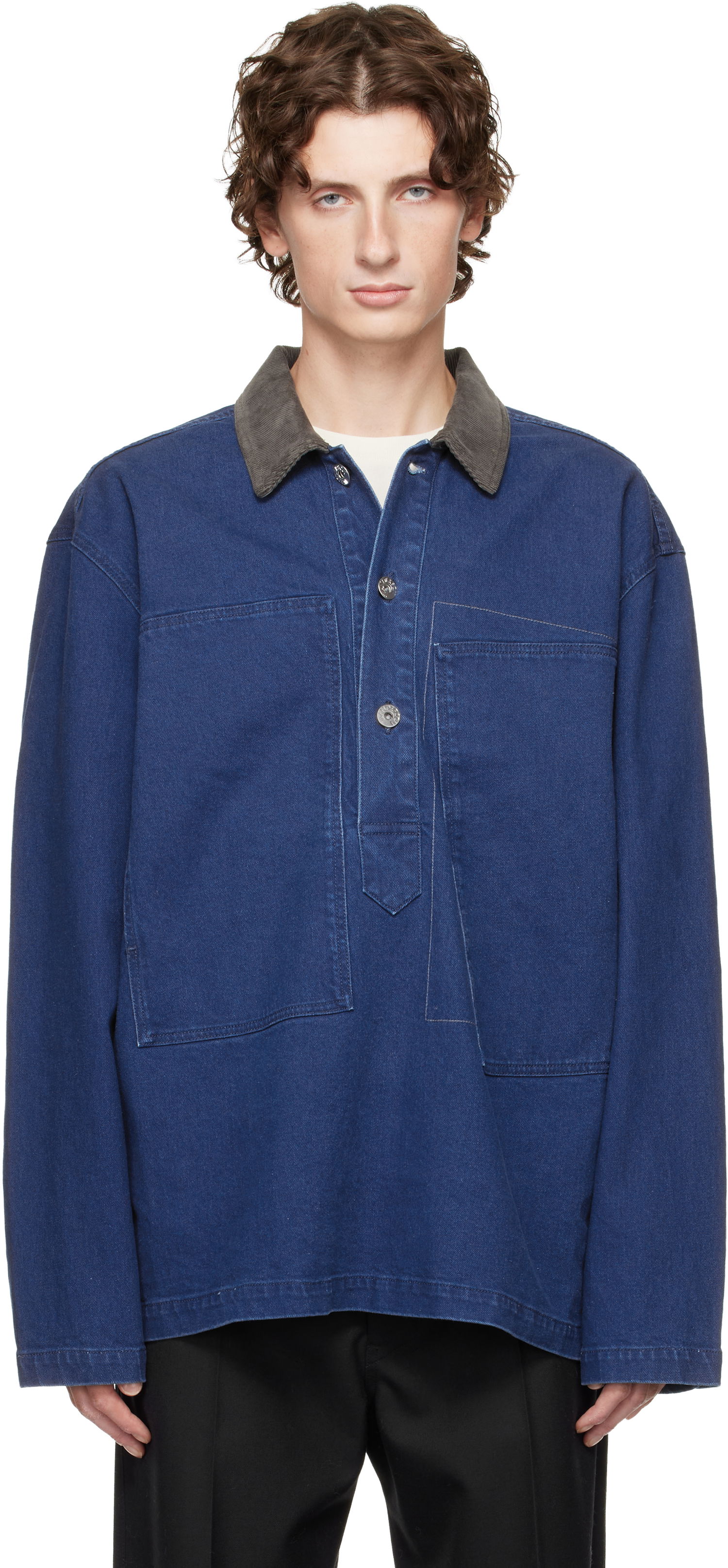 Поло тениска JW Anderson Denim Polo with Patch Pockets and Corduroy Collar Синьо | DS0014-PG1835, 0
