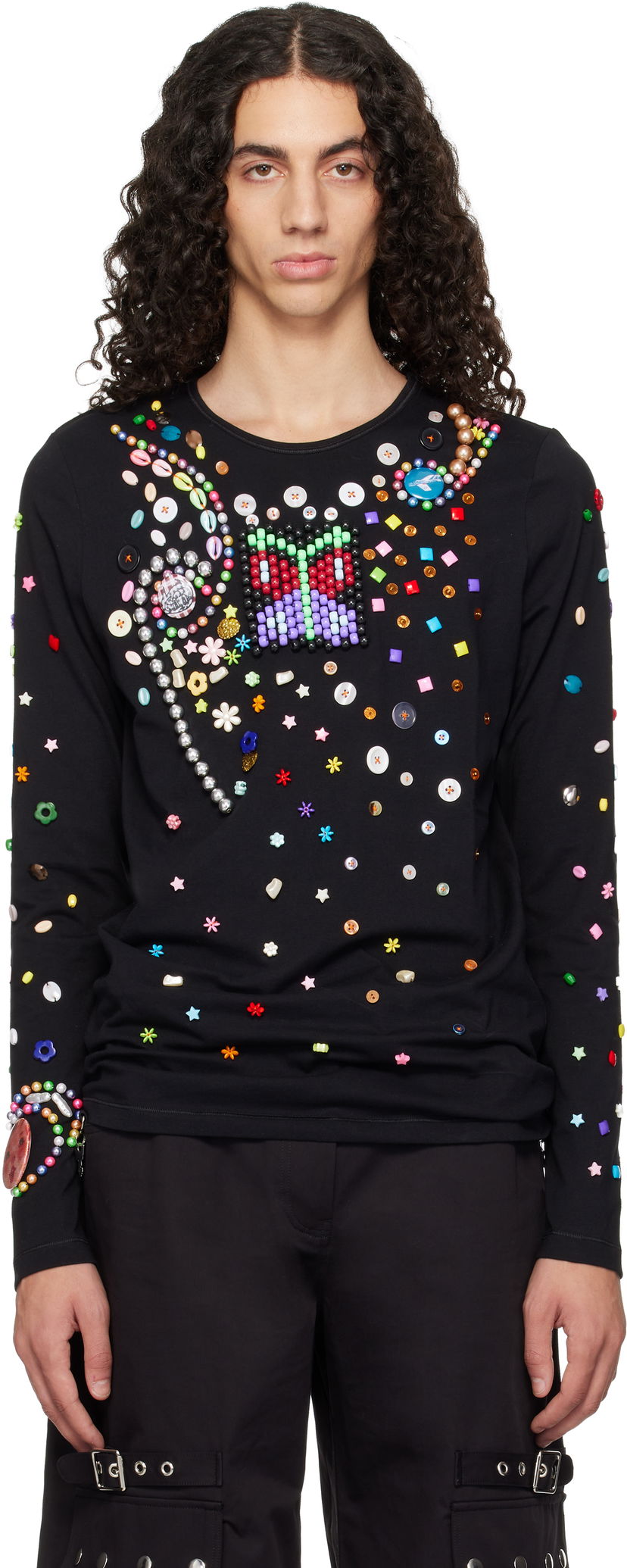 Тениска Chopova Lowena Night Defunct Long Sleeve Beaded Jersey T-shirt Черно | 2325M