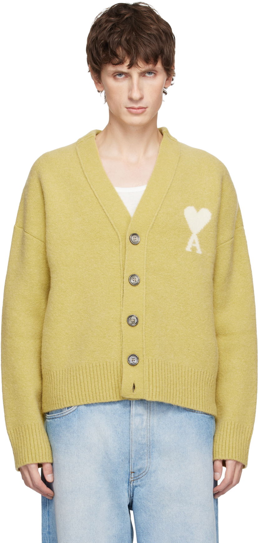 Пуловер AMI Alpaca Ami De Coeur Cardigan Жълто | H25UKC365.KN0135