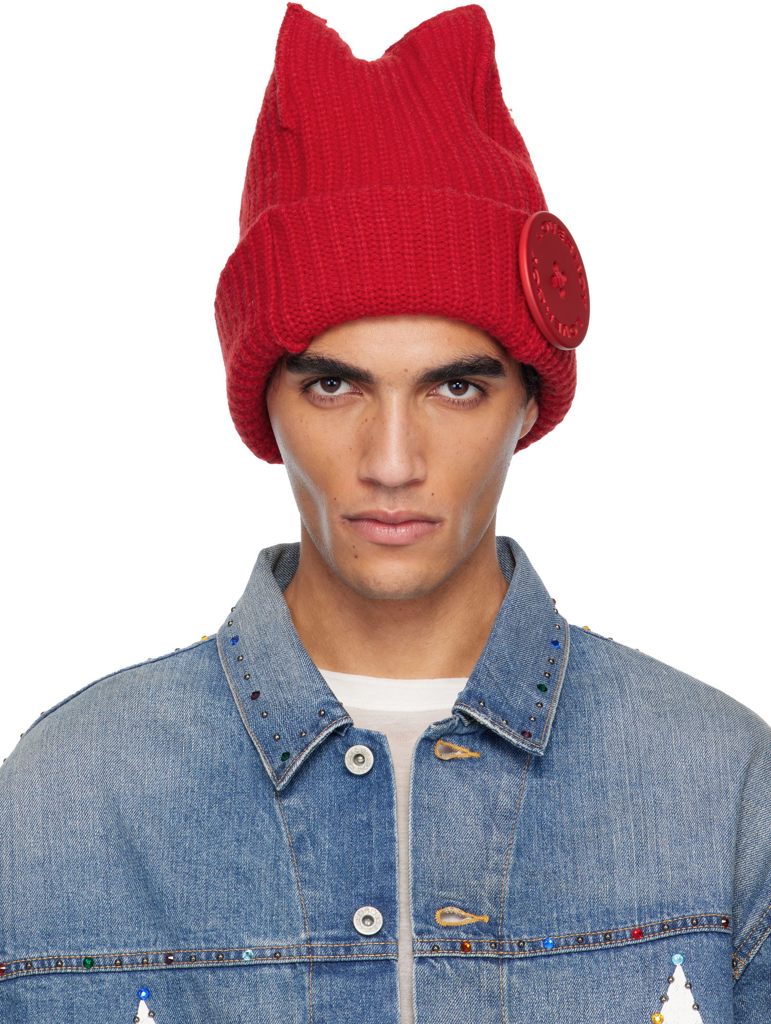 Шапка Charles Jeffrey Loverboy LOVERBOY Rib Knit Peak Beanie with Button Detail Червено | 052130604, 0