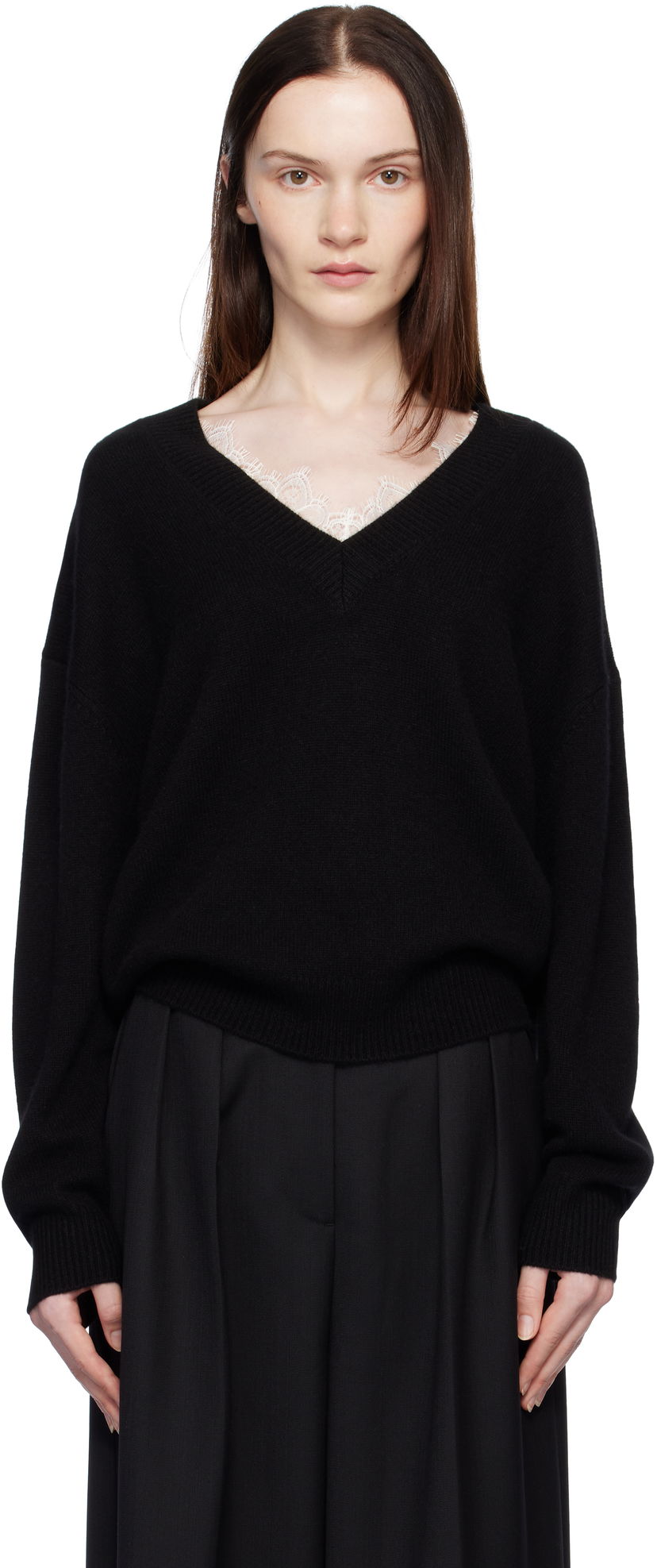 Пуловер Anine Bing Lee Lace Trim V-Neck Sweater Черно | A-09-3280-000