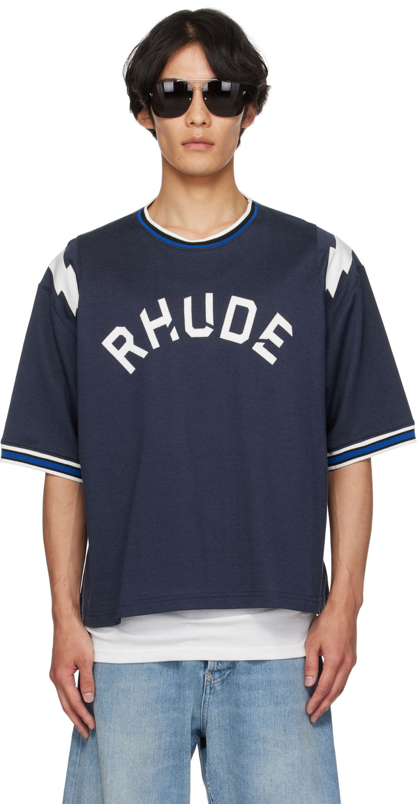 Тениска Rhude Rhude Logo Lightning Ringer T-Shirt Тъмно синьо | RHPF25TT01729