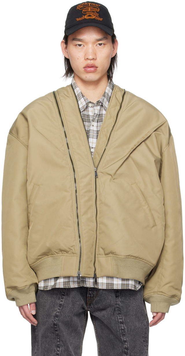 Beige Double Zip Bomber Jacket