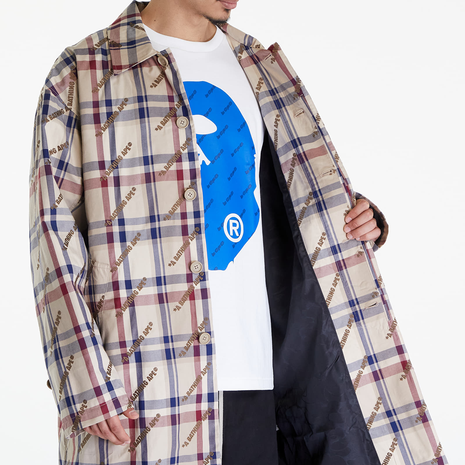 A BATHING APE Logo Check Pattern Long Coat Beige, 1