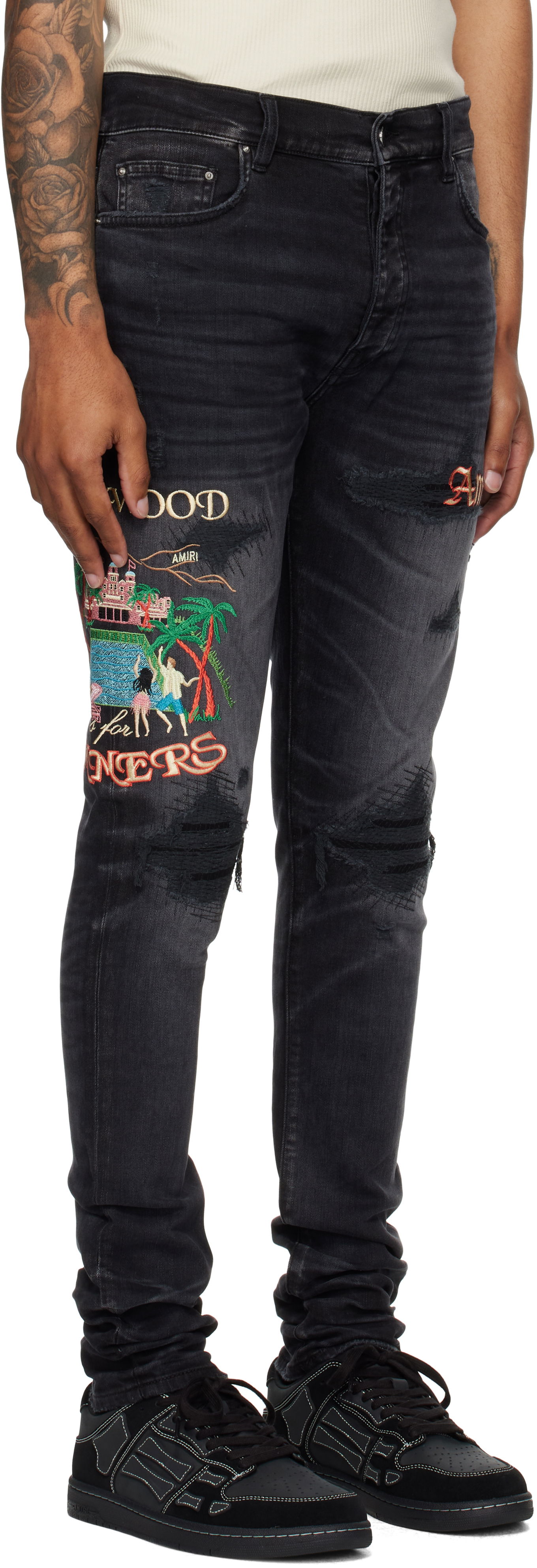 Дънки AMIRI AMIRI Embroidered 'Sinners' Skinny Jeans Черно | AMDNSY1156, 1