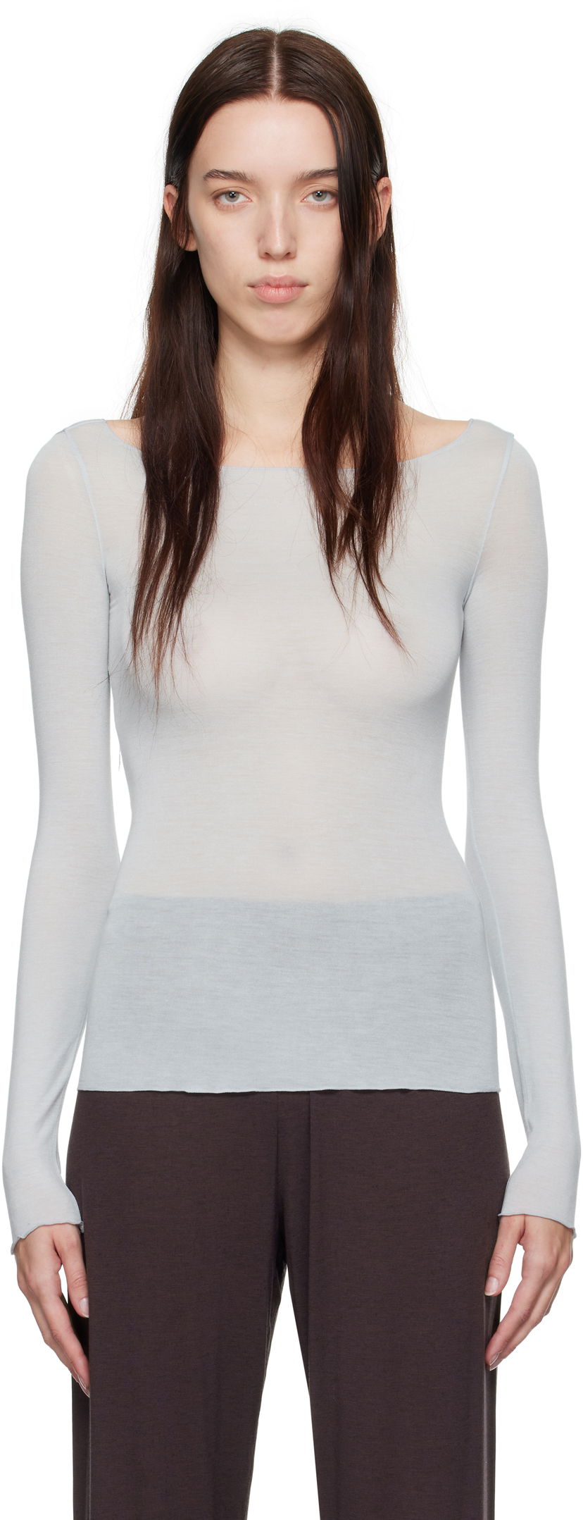 Тениска SKIMS SKIMS Sheer Modal Boat Neck Long Sleeve T-Shirt Синьо | LS-LST-6143W