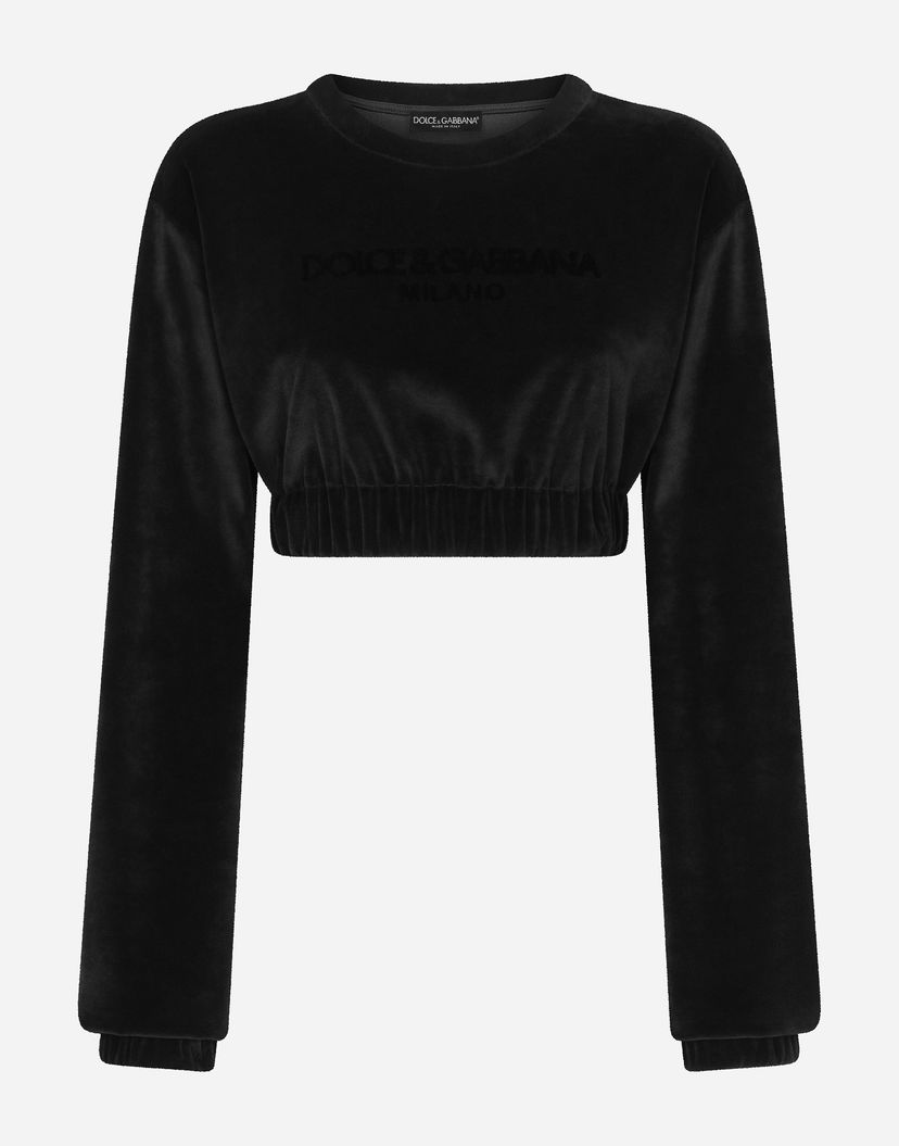 Суитчър Dolce & Gabbana Cropped Chenille Sweatshirt With Carpet-stitch Embroidery - Woman T-shirts And Sweatshirts Black Cotton 44 Черно | F9R30ZGDBZUN0000